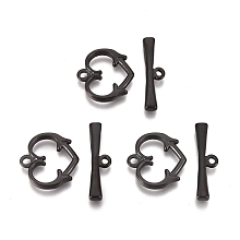 Honeyhandy 304 Stainless Steel Toggle Clasps, Heart, Electrophoresis Black, Heart: 15.3x15.5x2.3mm, Hole: 1.6mm, Bar: 6x21.2x2.4mm, Hole: 1.5mm