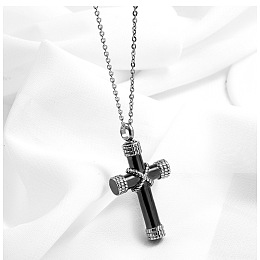 Honeyhandy Cross Urn Ashes Pendant Necklace, 316L Stainless Steel Memorial Jewelry for Women, Electrophoresis Black, 19.69 inch(50cm)