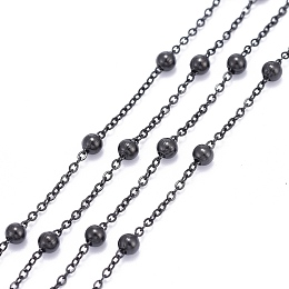 Honeyhandy 304 Stainless Steel Cable Chains, with304 Stainless Steel Beads, Soldered, with Spool, Electrophoresis Black, Link: 1.5x1.2x0.2mm, Beads: 3mm, about 32.8 Feet(10m)/roll