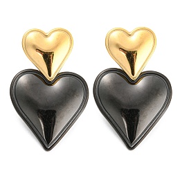 Honeyhandy 304 Stainless Steel Double Heart Dangle Stud Earrings for Women, Black, 32.5x20mm