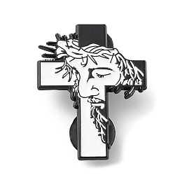 Honeyhandy Religion Cross with Human Enamel Pin, Electrophoresis Black Zinc Alloy Brooch for Backpack Clothes, White, 33.7x26.5x1.3mm