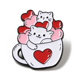 Honeyhandy Valentine's Day Theme Black Zinc Alloy Brooches, Cat & Heart Enamel Pins for Women, Cup, 30x25x1mm