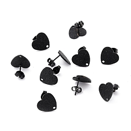 Honeyhandy 304 Stainless Steel Stud Earring Findings, with Ear Nuts, Textured Heart, Electrophoresis Black, 12x13mm, Hole: 1.5mm, Pin: 0.7mm