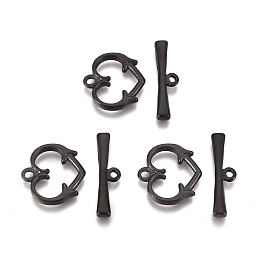 Honeyhandy 304 Stainless Steel Toggle Clasps, Heart, Electrophoresis Black, Heart: 15.3x15.5x2.3mm, Hole: 1.6mm, Bar: 6x21.2x2.4mm, Hole: 1.5mm