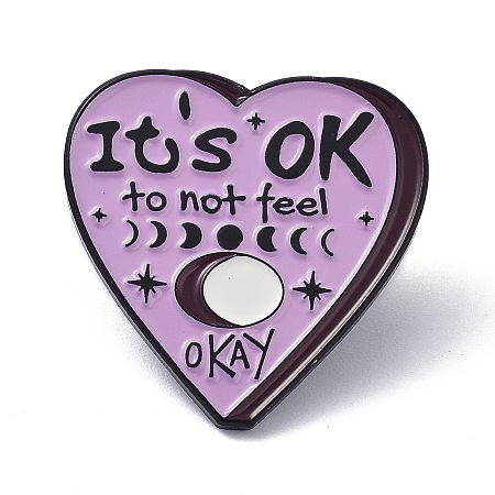 Honeyhandy It's Ok to Not Feel Enamel Pin, Moon & Star Heart Alloy Enamel Brooch for Backpacks Clothes Bags, Electrophoresis Black, Lilac, 27x27x10.5mm