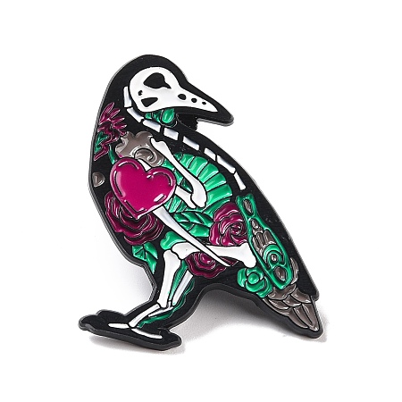 Honeyhandy Skeleton Parrot with Heart Enamel Pin for Halloween, Animal Alloy Badge for Backpack Clothing, Electrophoresis Black, Colorful, 36x32.5x1.5mm, Pin: 1mm