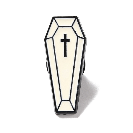 Honeyhandy Coffin with Cross Enamel Pin, Halloween Alloy Badge for Backpack Clothing, Electrophoresis Black, Beige, 28x12x2mm, Pin: 1mm