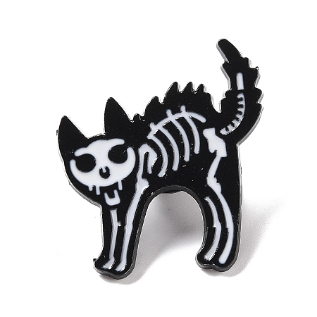 Honeyhandy Cat Skeleton Enamel Pin, Halloween Animal Alloy Badge for Backpack Clothing, Electrophoresis Black, White, 31x29x2mm, Pin: 1mm