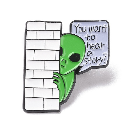 Honeyhandy You Want To Hear A Story Word Enamel Pin, Alien Alloy Badge for Backpack Clothes, Electrophoresis Black, Green, 28x26x1.5mm, Pin: 1.3mm