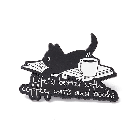 Honeyhandy Word Life Is Better with Coffee Cat and Books Enamel Pin, Teachers' Day Alloy Badge for Backpack Clothes, Electrophoresis Black, White, 24x35x1.5mm, Pin: 1mm