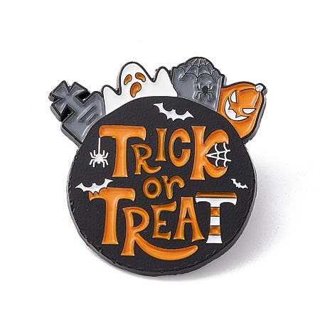 Honeyhandy Word Trick or Treat Enamel Pin, Planet with Ghost Halloween Alloy Badge for Backpack Clothes, Electrophoresis Black, Dark Orange, 29.5x29x1.5mm, Pin: 1mm
