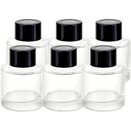 BENECREAT 6pcs 1.7oz/50ml Cylindrical Glass Aromatherapy Bottle, Fragrance Clear Glass Diffuser Bottles with Aluminium Oxide Cover and PP Plug for Fragrance Accessories or Crafts Decor