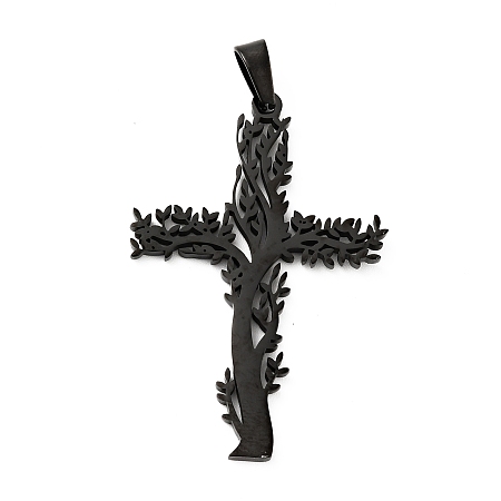 Honeyhandy 201 Stainless Steel Pendants, Cross with Tree, Electrophoresis Black, 47x31.5x2mm, Hole: 6.5x4mm