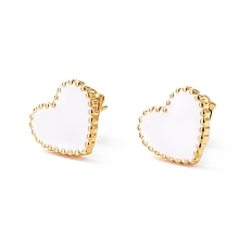 Honeyhandy 304 Stainless Steel Stud Earrings, with Enamel and Ear Nuts, Heart, White, Golden, 9.5x10.5x1.5mm, Pin: 0.6mm, 6pairs/card