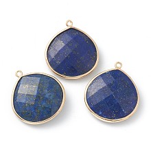 Honeyhandy Natural Lapis Lazuli Pendants, with Golden Brass Edge, Faceted, Teardrop, 28x25x6mm, Hole: 1.6mm