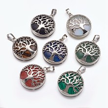 Honeyhandy Natural & Synthetic Mixed Stone Pendants, with Brass Finding, Flat Round with Tree of Life, Platinum, 31x27x6mm, Hole: 5x8mm