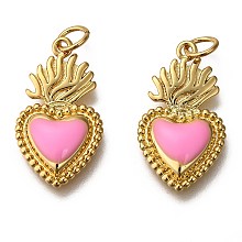 Honeyhandy Golden Tone Brass Enamel Pendants, with Jump Rings, Long-Lasting Plated, Heart, Pearl Pink, 22x12x3mm, Hole: 3.5mm