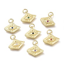 Honeyhandy Brass Micro Pave Cubic Zirconia Pendants, with Jump Rings, Diamond with Evil Eye, Real 18K Gold Plated, Mixed Color, 13x15x2mm, Hole: 3.6mm