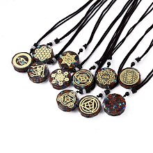 Honeyhandy Orgonite Chakra Necklaces, Pendant Necklaces, with Natural Gemstone Chip, Nylon Thread, Brass Findings, Flat Round, 25.9 inch(66cm)x0.2cm