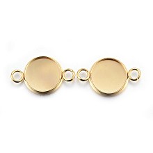 Honeyhandy 201 Stainless Steel Cabochon Connector Settings, Plain Edge Bezel Cups, Flat Round, Real 24K Gold Plated, Tray: 10mm, 19x12x2mm, Hole: 2mm