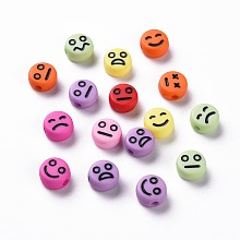 Honeyhandy Opaque Mixed Color Acrylic Beads, Flat Round with Black Random Expression, 7x4mm, Hole: 1.6mm