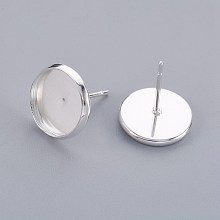 Honeyhandy 304 Stainless Steel Stud Earring Findings, Flat Round, Silver Color Plated, Tray: 10mm, 12x2mm, Pin: 0.8mm