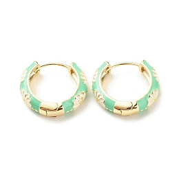 Honeyhandy Daisy Flower Enamel Hoop Earrings, Gold Plated Brass Hinged Earrings for Women, Medium Spring Green, 20x22x5mm, Pin: 0.9mm