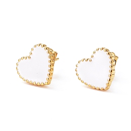 Honeyhandy 304 Stainless Steel Stud Earrings, with Enamel and Ear Nuts, Heart, White, Golden, 9.5x10.5x1.5mm, Pin: 0.6mm, 6pairs/card