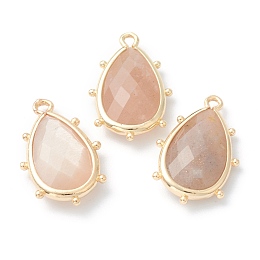 Honeyhandy Natural Sunstone Pendants, with Golden Brass Edge, Faceted, Teardrop, 22.5x14x5.5mm, Hole: 1.6mm