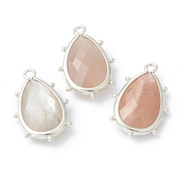 Honeyhandy Natural Sunstone Pendants, with Platinum Brass Edge, Faceted, Teardrop, 22.5x14x5.5mm, Hole: 1.6mm