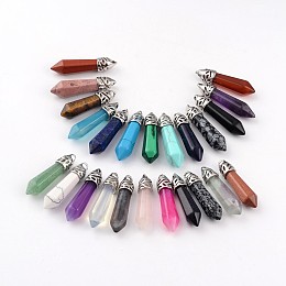 Honeyhandy Bullet Natural & Synthetic Mixed Stone Pendants, with Platinum Tone Alloy Findings, 33~40x8~10mm, Hole: 3x2mm