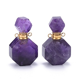 Honeyhandy Faceted Natural Amethyst Openable Perfume Bottle Pendants, with 304 Stainless Steel Findings, Golden, 34~36x20~22x12~13mm, Hole: 1.8mm, Bottle Capacity: 1ml(0.034 fl. oz)