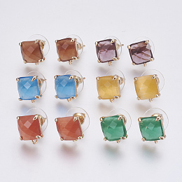 Honeyhandy Faceted Glass Stud Earring Findings, with Loop, Light Gold Plated Brass Findings, Square, Mixed Color, 11x10x5mm, Hole: 1mm, Pin: 0.8mm