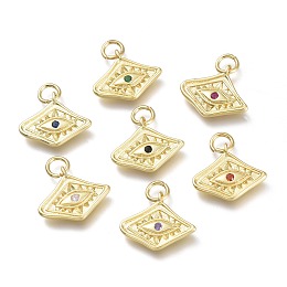 Honeyhandy Brass Micro Pave Cubic Zirconia Pendants, with Jump Rings, Diamond with Evil Eye, Real 18K Gold Plated, Mixed Color, 13x15x2mm, Hole: 3.6mm