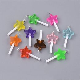 Honeyhandy Transparent Resin Pendants, Imitation Lollipop, Star, Mixed Color, 39.5~42x20x7mm, Hole: 1.8mm