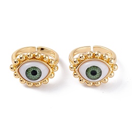 Honeyhandy Brass Cuff Rings, Open Rings, with Resin Beads, Long-Lasting Plated, Real 18K Gold Plated, Evil Eye, Sea Green, 3mm, Inner Diameter: 17.5mm