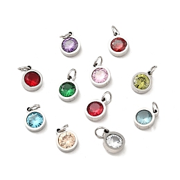 Honeyhandy 304 Stainless Steel Pendants, with Cubic Zirconia and Jump Rings, Single Stone Charms, Flat Round, Stainless Steel Color, Mixed Color, 9.5x7.5x3mm, Hole: 3.6mm