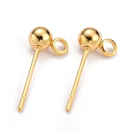 Honeyhandy 304 Stainless Steel Ball Post Stud Earring Findings, with Loop and 316 Surgical Stainless Steel Pin, Golden, 15x7x4mm, Hole: 1.8mm, Pin: 0.7mm