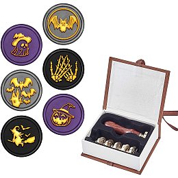 CRASPIRE Wax Seal Stamp Set 6PCS Halloween Wax Sealing Stamps Heads with Wood Handle Removable 25mm Retro for Halloween Wedding Invitation Gift Wrap(Bat+Witch+Skeleton+Ghost+Pumpkin+ Bats)