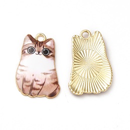 Alloy Enamel Pendants, Cadmium Free & Nickel Free & Lead Free, Golden, Cat Charms, Dark Salmon, 25x16x3mm, Hole: 1.8mm