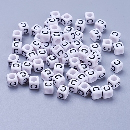 Honeyhandy Letter C Cube White Acrylic Beads, Horizontal Hole, Size: about 6mm wide, 6mm long, 6mm high, hole: 3.2mm, about 300pcs/50g