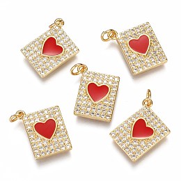 Honeyhandy Brass Micro Pave Clear Cubic Zirconia Pendants, Long-Lasting Plated, with Jump Rings & Enamel, Rectangle with Heart, Real 18K Gold Plated, Red, 16.8x13.7x2.5mm, Hole: 3mm, jump ring: 5x1.8mm.