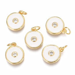 Honeyhandy Brass Micro Pave Clear Cubic Zirconia Charms, Long-Lasting Plated, with Enamel & Jump Rings, Flat Round, Real 18K Gold Plated, White, 13.2x11x2.7mm, Hole: 3mm, Jump Ring: 5x0.8mm