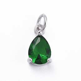 Honeyhandy Brass Micro Pave Cubic Zirconia Pendants, with Jump Ring, Teardrop, Platinum, Green, 11.5x6.5x4mm, Hole: 3mm