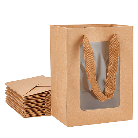 BENECREAT Kraft Paper Bags with Handle, with Cord Handles and Rectangle Window, for Retail Shopping Bag, Merchandise Bag, Gift and Party Bag, Rectangle, BurlyWood, 20x15x0.4cm, Unfold: 20x15x10cm, Window: 14x9cm