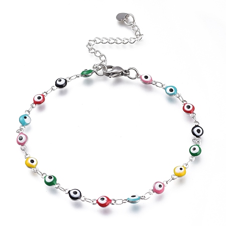 Honeyhandy 304 Stainless Steel Link Bracelets, with Enamel and Lobster Claw Clasps, Evil Eye, Stainless Steel Color, Colorful, 8-1/8 inch(20.5cm), Eye: 9x4.5x3mm
