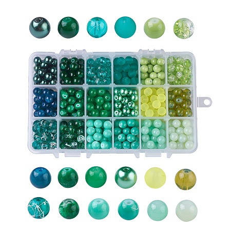 Baking Painted Glass Beads, Round, Gradient Color, Green, 8~9mm, Hole: 1~1.6mm, about 486~540pcs/box