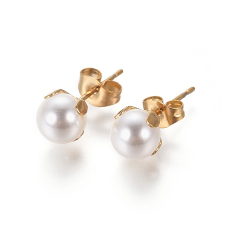 Honeyhandy 304 Stainless Steel Stud Earrings, with Imitation Pearl Acrylic Beads and Ear Nuts/Earring Back, Round, White, Golden, 18.5x6.5~7mm, Pin: 0.7mm, 12pairs/card