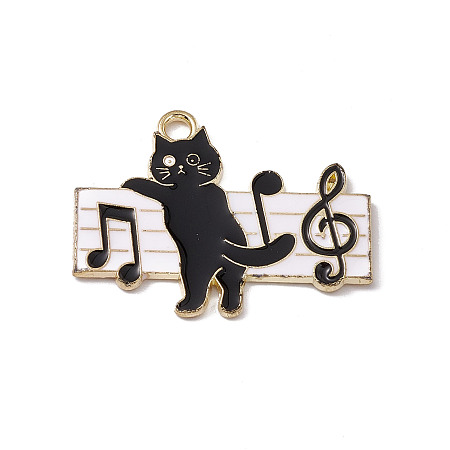 Honeyhandy Music Theme Charm, Alloy Enamel Pendants, Cat with Music Scores, Golden, White, 21.5x27.5x1.2mm, Hole: 2mm