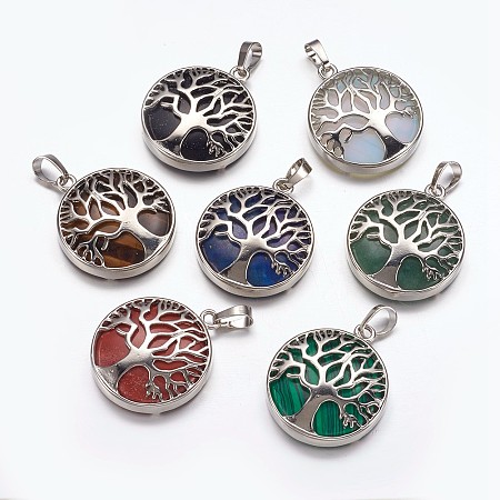Honeyhandy Natural & Synthetic Mixed Stone Pendants, with Brass Finding, Flat Round with Tree of Life, Platinum, 31x27x6mm, Hole: 5x8mm
